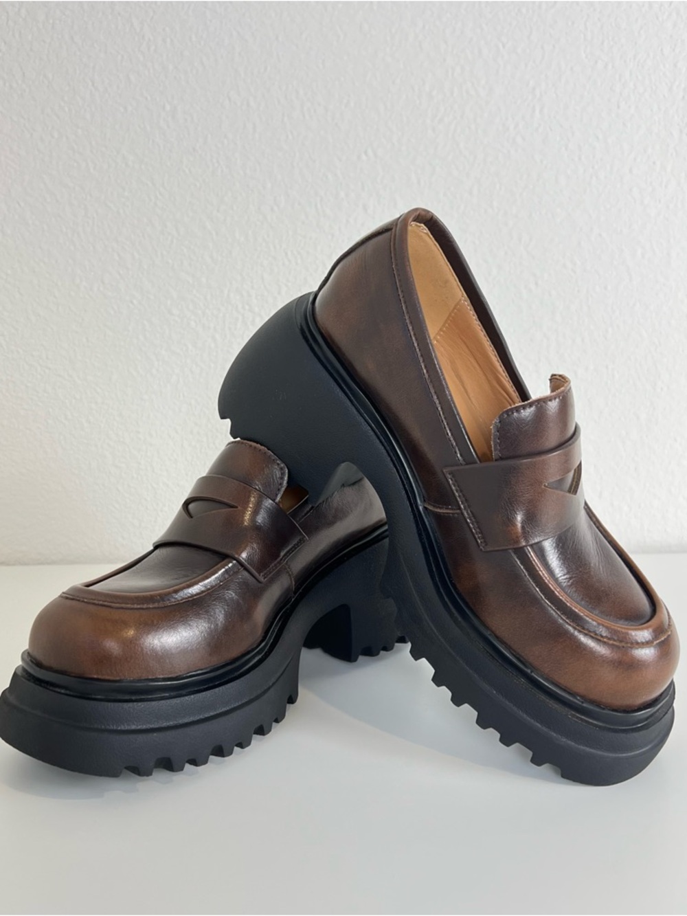 Dwarves Chunky Cowhide Penny Loafers Platform Lug Sole Slip On Preppy Shoes 5